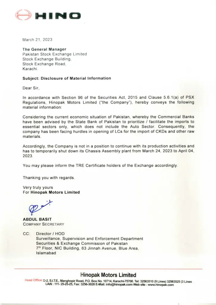 Hino letter to Pakistan Stock Exchange