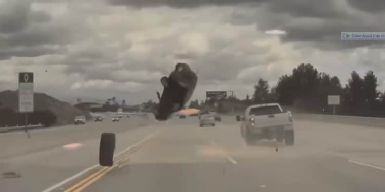 KIA Soul Hits Detach Truck Tyre, And Flies 10 Feet In Air: